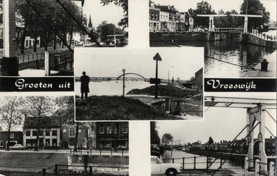 15009 Collage van gezichten te Vreeswijk:- Oude Sluis.- Kleine Brug.- Kleine Brug met Vaartsche Rijn.- Dorpsstraat.- De ...